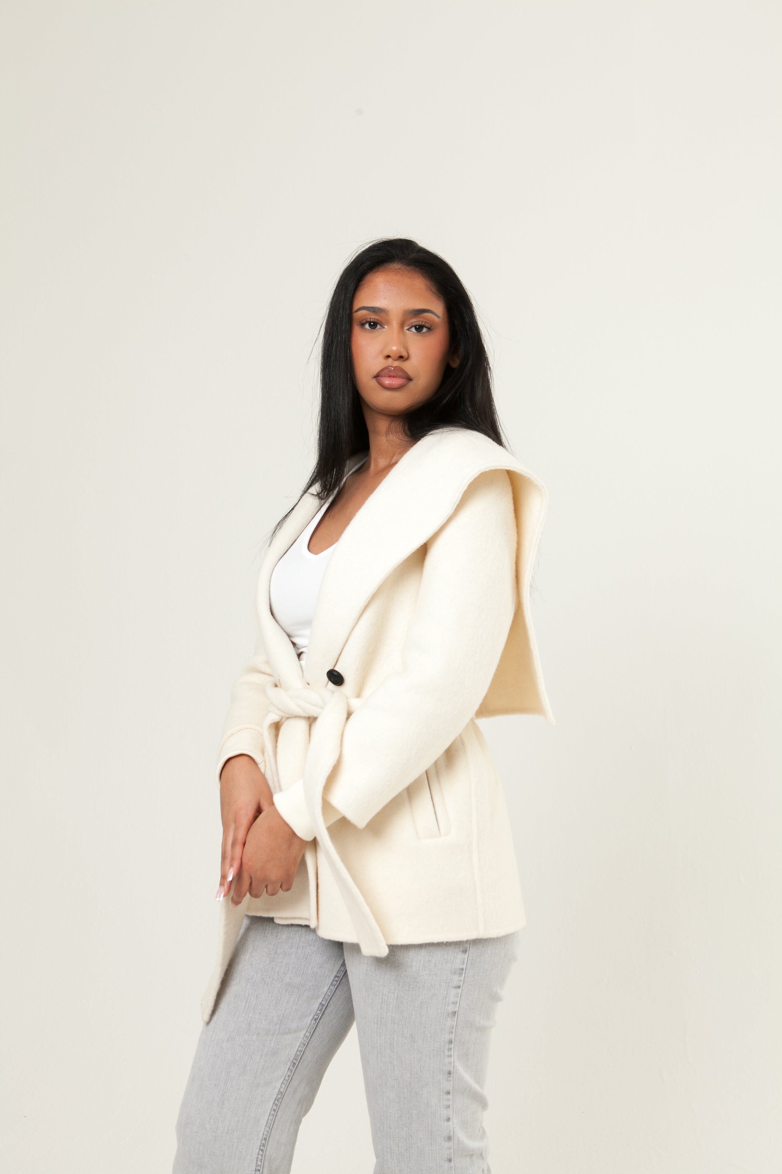 Shawl Collar Cashmere Coat - White