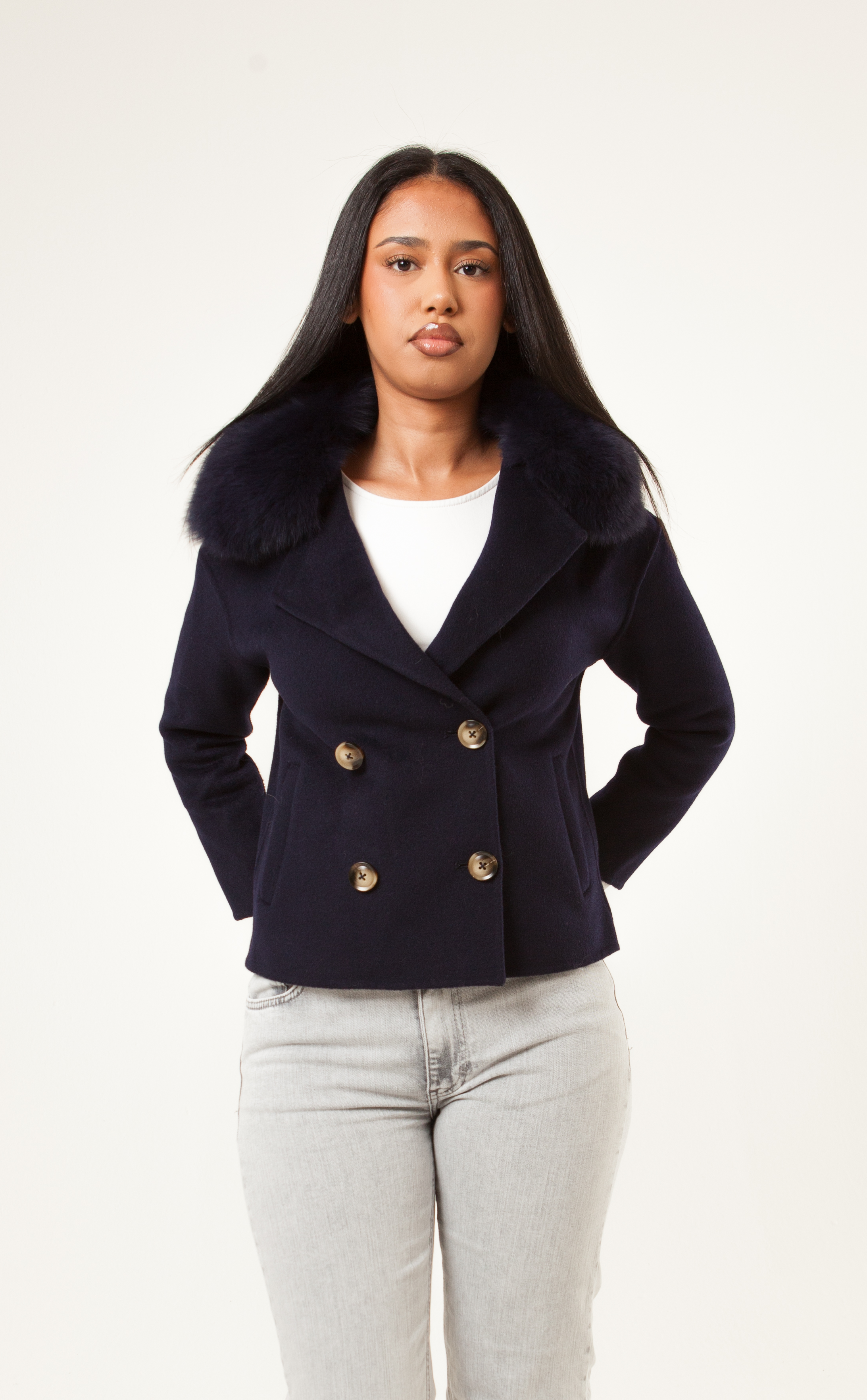 Double Button Cashmere Coat - Navy